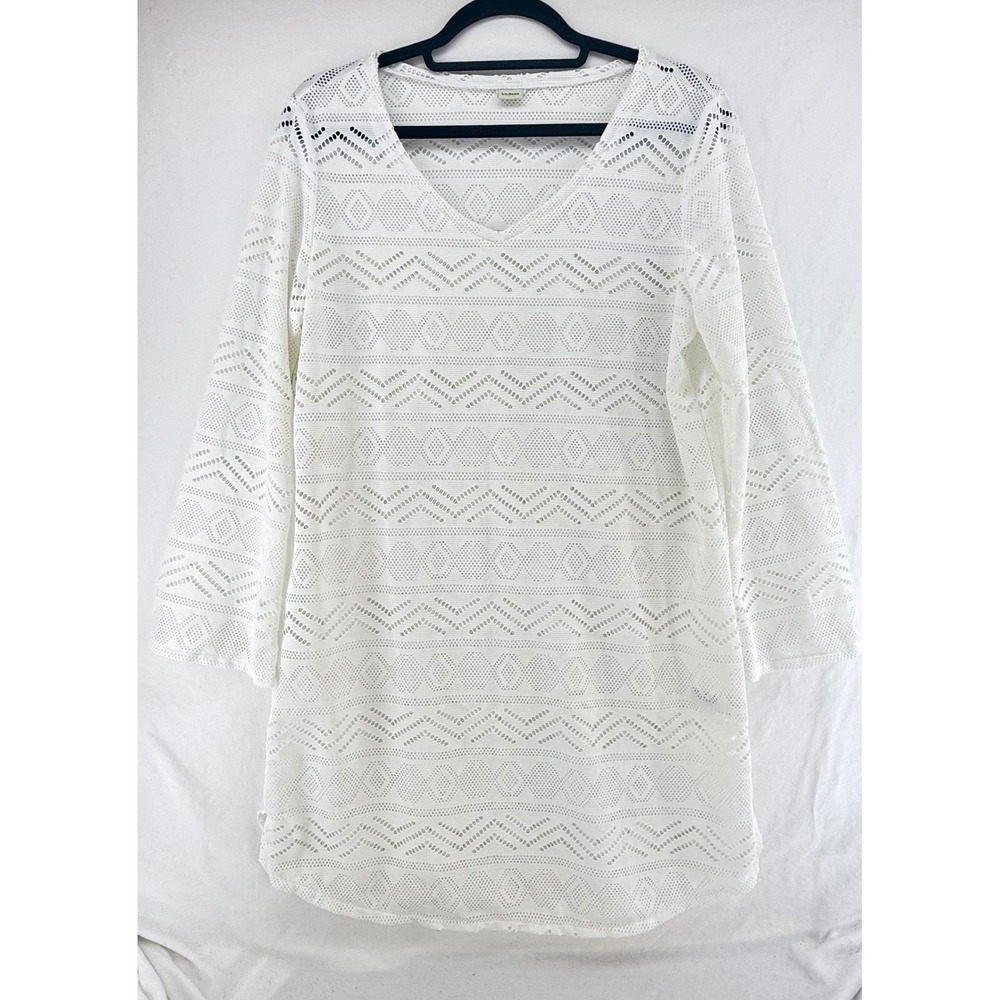 LL Bean White Geometric Eyelet V-Neck Swim Cover Up Tunic 3/4 Sleeve Womens L‎